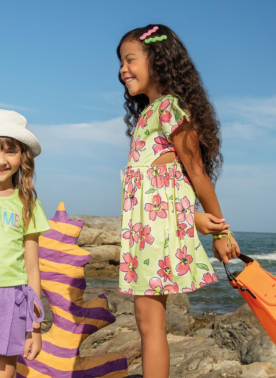 Vestido Marlan Infantil em Cotton Maquinetado Big Floral Amarelo