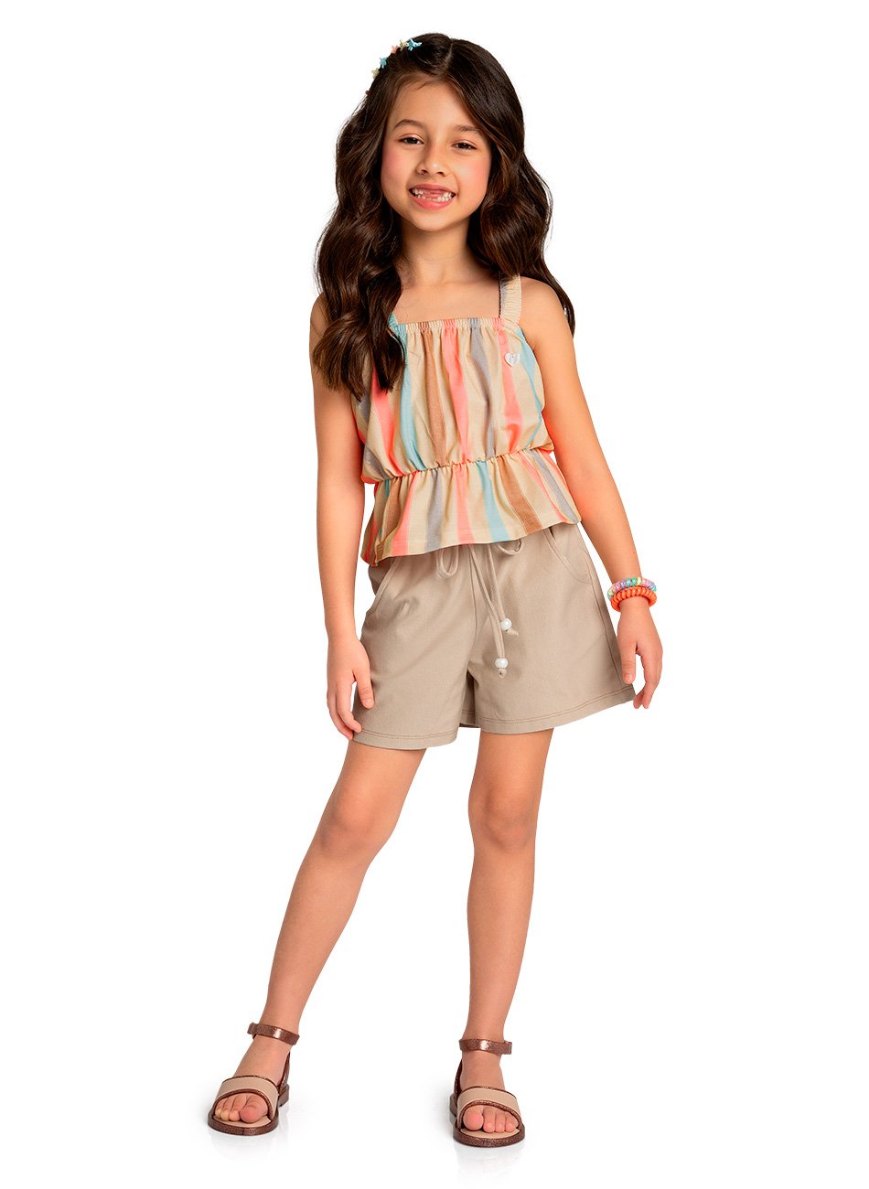 Conjunto Top em Cotton Listrado e Shorts em Molecotton Jeans