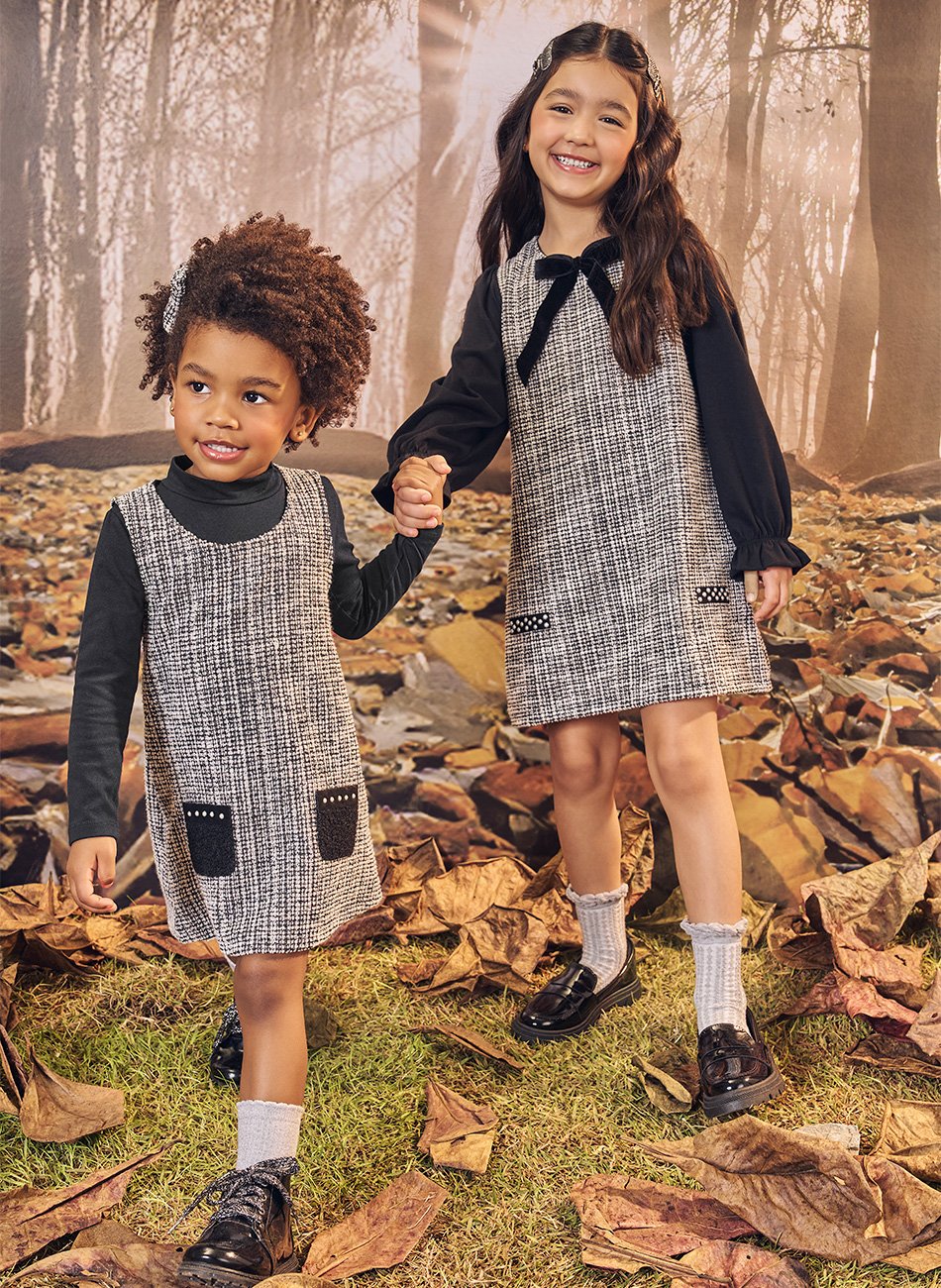 Vestido em Tweed Com Meia Malha Infantil Menina - Tile e Sul - Preto