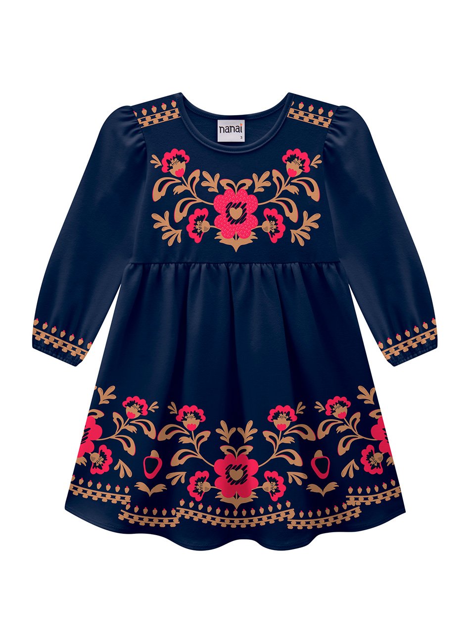 Vestido Infantil Menina Manga Longa - Floral Outono/Inverno