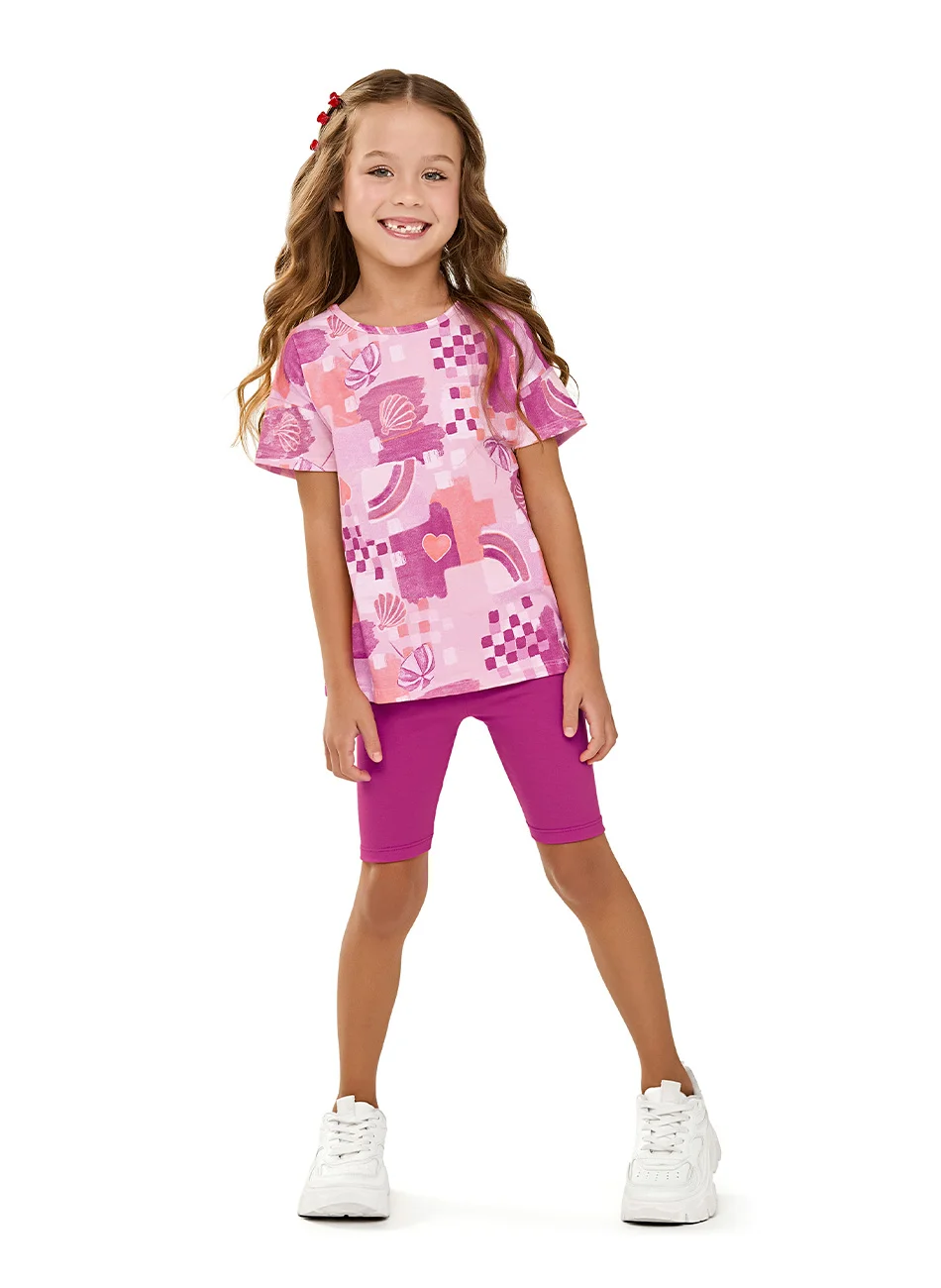 Conjunto Blusa Meia Malha e Shorts Ciclista Infantil Menina