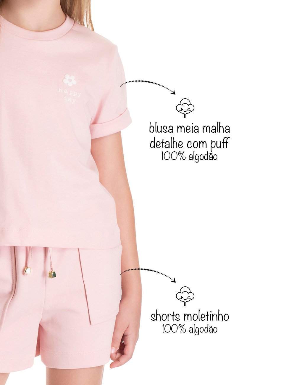 Conjunto Blusa Meia Malha e Short Moletinho Infantil Menina - TMX