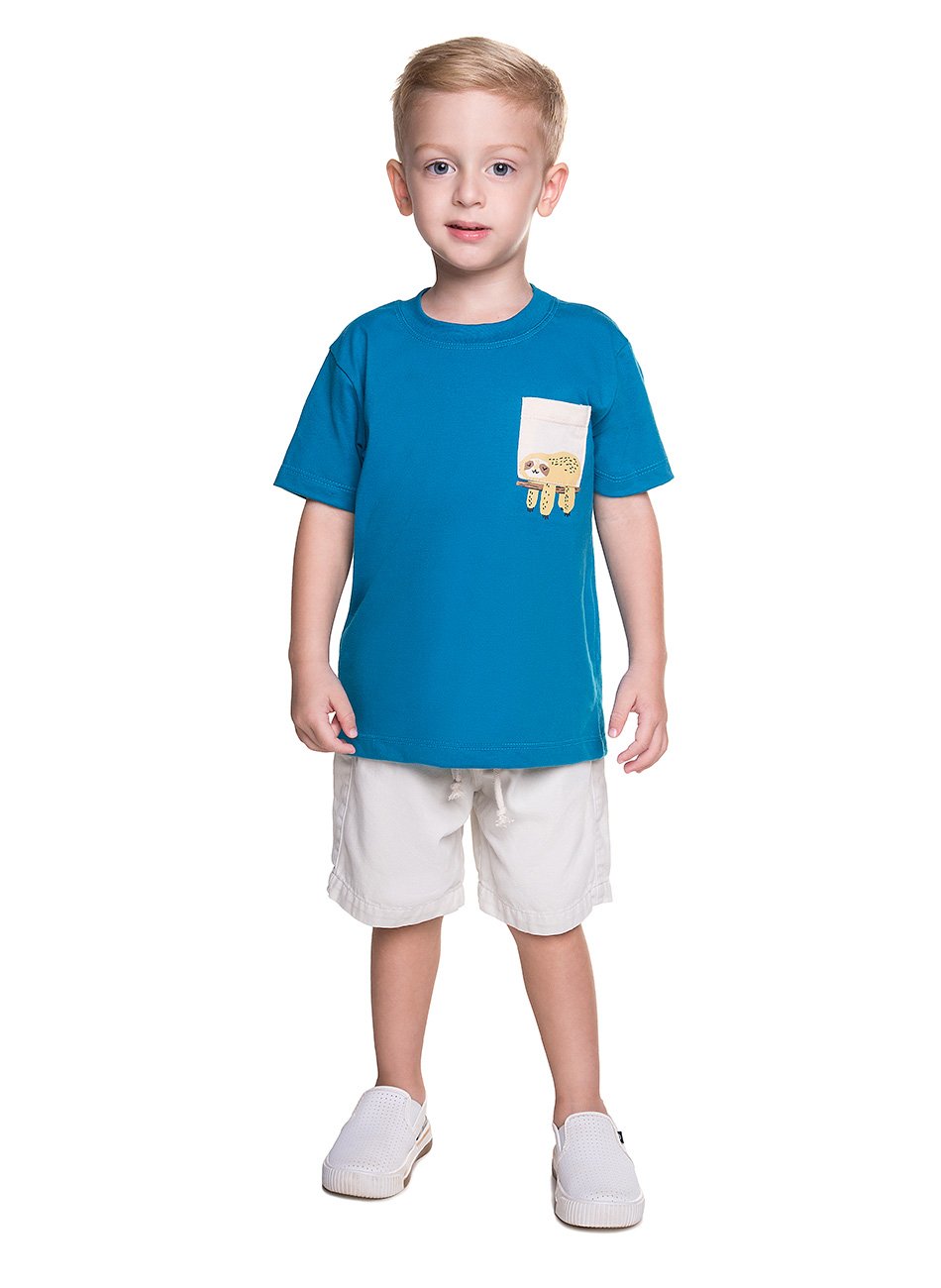 Conjunto Camiseta Meia Malha e Bermuda Infantil Menino Have Fun Azul