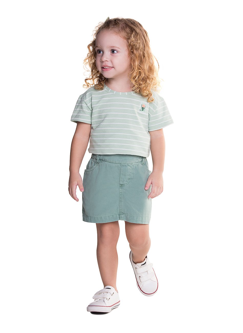 Conjunto infantil blusa canelada e saia sarja verde