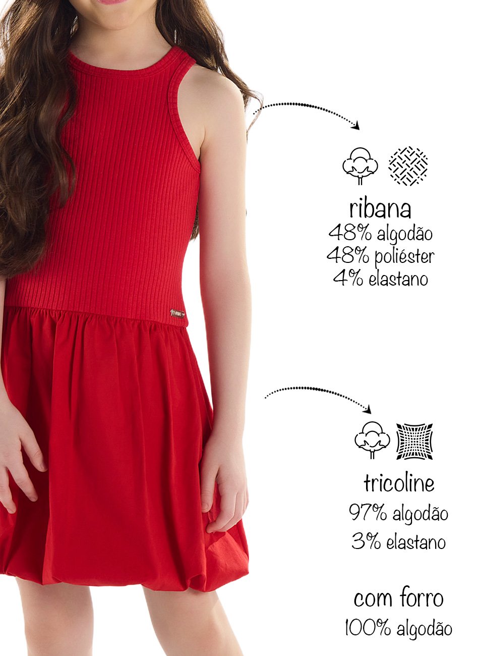 Vestido infantil em ribana e tricoline vermelho
