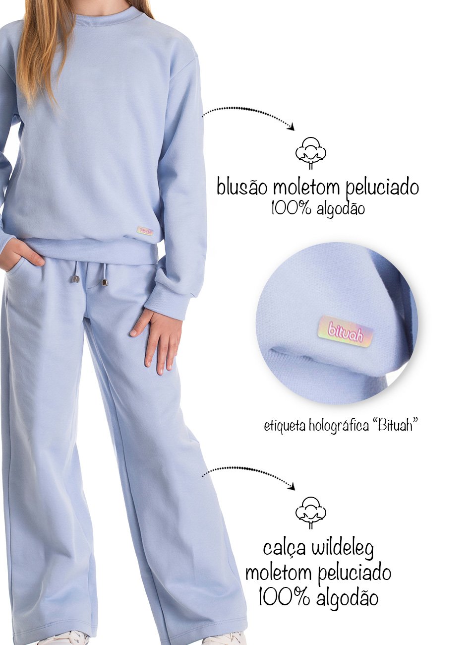 Conjunto blus&atilde;o e cal&ccedil;a wide leg moletom peluciado infantil menina azul claro